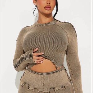 Stylish Tan Ribbed Women’s Pant Set